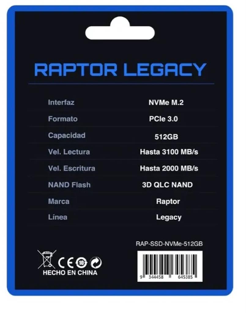 Disco Ssd M2 512 Gb Raptor Pcie 3.0 Nv/Me